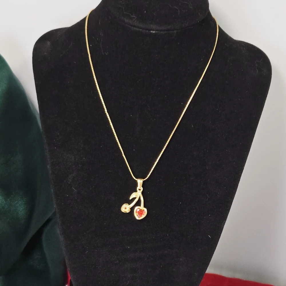 Gold Heart Cherry Pendant Necklace Red Rhinestone Fruit Charm Romantic Y2K Glam